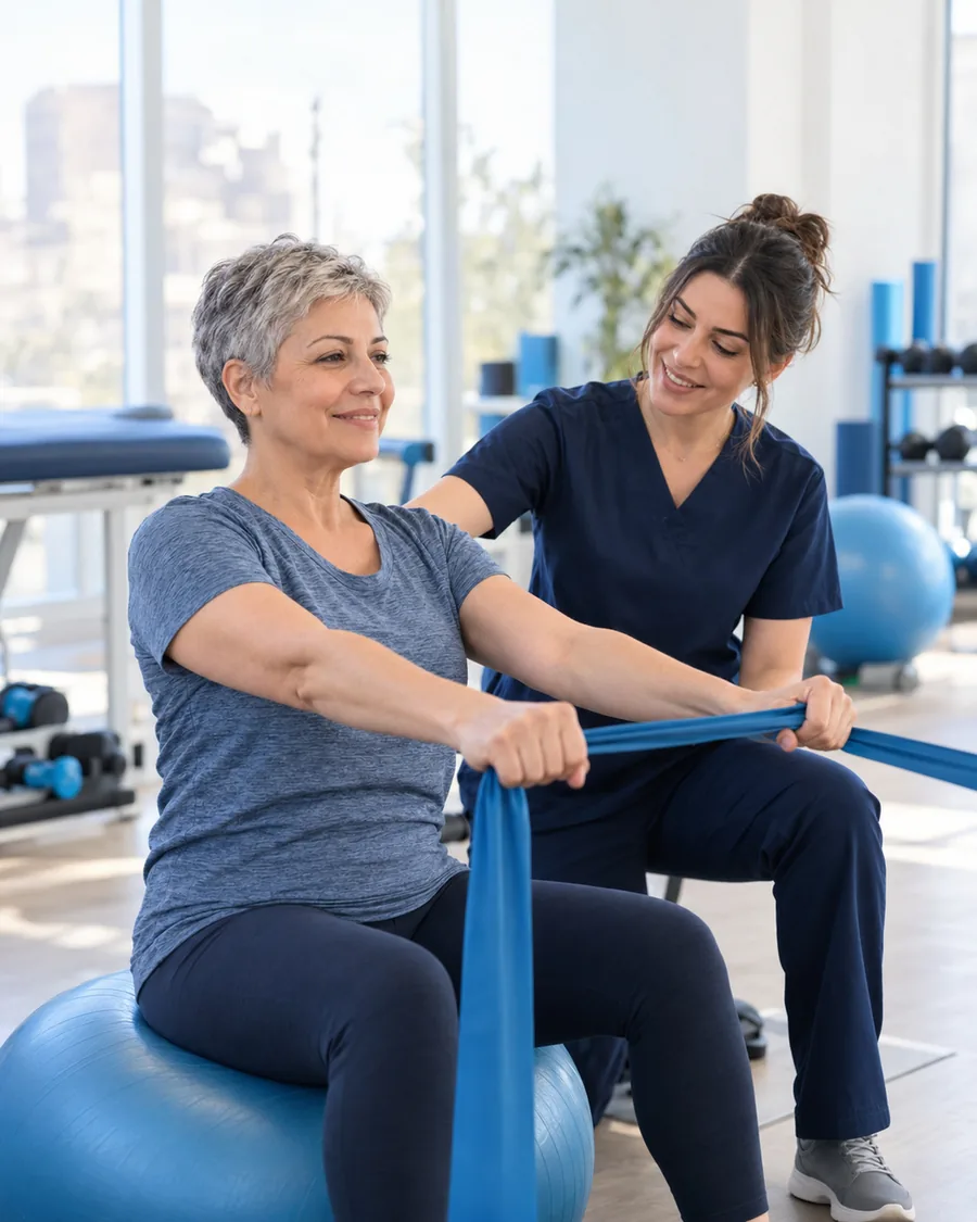 Physiotherapist guiding a resistance band exercise with a patient seated on a stability ball