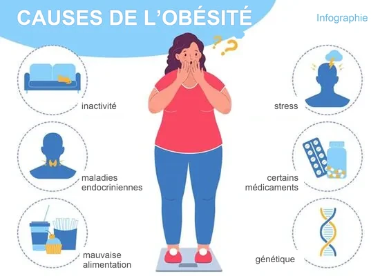 Infographie présentant les causes de l’obésité : inactivité, stress, maladies endocriniennes, certains médicaments, mauvaise alimentation et génétique